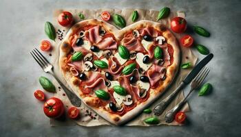 ai gegenereerd hart vormig pizza een culinaire symbool van liefde foto