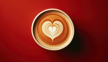 ai gegenereerd liefde in een kop perfect hart latte kunst Aan een rood achtergrond foto