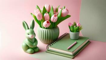 ai gegenereerd lente kalmte tulpen en konijn decor foto