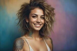 ai gegenereerd portret van een vrouw met een lichaam vol van artistiek tatoeages foto