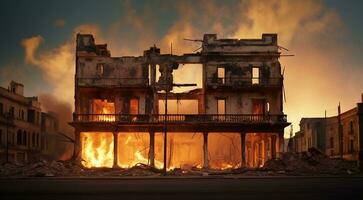 ai gegenereerd brandend gebouwen na de oorlog, oorlog tafereel, vlammend huizen foto