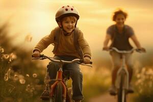 ai gegenereerd moeder en zoon wielersport in de veld- Bij zonsondergang. gelukkig familie hebben pret buitenshuis, een vader onderwijs zijn zoon naar rijden een fiets voor de eerste tijd, ai gegenereerd foto