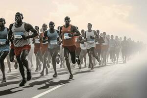 ai gegenereerd groep van mensen rennen Aan de weg. sport en gezond levensstijl concept, ai gegenereerd foto