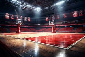 ai gegenereerd interieur van een basketbal rechtbank met rood stoelen en lichten. 3d weergave, ai gegenereerd foto