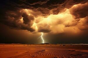 ai gegenereerd stormachtig lucht met bliksem in de woestijn. 3d illustratie, ai gegenereerd foto