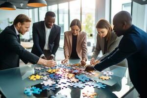 ai gegenereerd groep van multi-etnisch mensen uit het bedrijfsleven in elkaar zetten decoupeerzaag puzzel in kantoor, bedrijf team samenwerken en probleem oplossen, ai gegenereerd foto