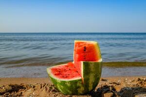 de besnoeiing watermeloen leugens Aan de kust. watermeloen in de zee foto