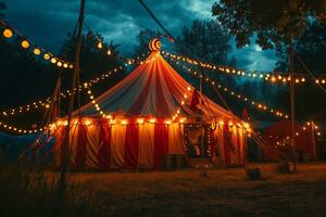 ai gegenereerd circus tent met verlichtingen lichten Bij nacht. foto