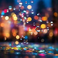 ai gegenereerd wazig confetti, water bubbels, regenen, wazig, nacht, stad lichten, wazig achtergrond, bokeh lichten, diepte van veld, abstract achtergrond, veelkleurig, regenboog, stad Kerstmis licht, foto