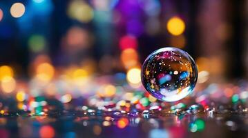 ai gegenereerd wazig confetti, water bubbels, regenen, wazig, nacht, stad lichten, wazig achtergrond, bokeh lichten, diepte van veld, abstract achtergrond, veelkleurig, regenboog, stad Kerstmis licht, foto