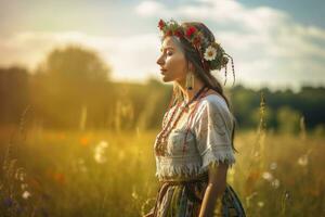 ai gegenereerd Slavisch meisje in zonnejurk met bloemen kroon in landelijk weide. genereren ai foto