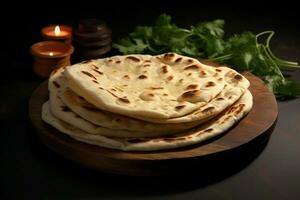 ai gegenereerd Indisch brood genot chapati, de foelie lucht gevulde roti, traditioneel keuken foto