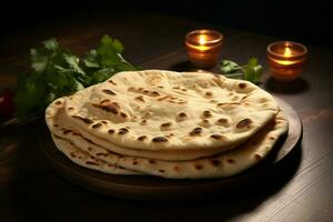 ai gegenereerd foelie lucht gevulde roti Indisch traditioneel keuken met chapati, een cultureel genot foto