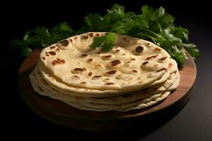 ai gegenereerd Indisch brood genot chapati, de foelie lucht gevulde roti, traditioneel keuken foto