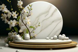 ai gegenereerd minimalistisch wit podium met steen accenten, met een bloemen arrangement foto