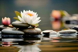 ai gegenereerd bevallig lotus en steen Aan sereen water, een mooi samenstelling foto