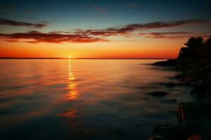 ai gegenereerd avond tinten een adembenemend zonsondergang gieten een warm gloed Aan de landschap ai gegenereerd foto