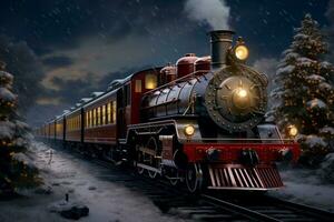 ai gegenereerd Kerstmis trein rollend door een winter wonderland ai gegenereerd foto