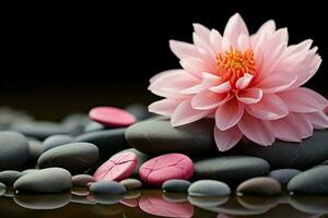 ai gegenereerd roze bloem complementen zen steen voor een harmonisch en sereen atmosfeer foto