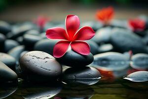 ai gegenereerd ontspannende spa stenen en rood frangipani bloem creëren sereen sfeer foto