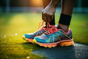 ai gegenereerd zorgen voor mooi zo Gezondheid atleten stropdas schoenen voordat innemend in oefening foto