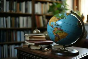 ai gegenereerd leerzaam exploratie aarde wereldbol omringd door een verzameling van boeken ai gegenereerd foto