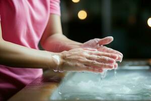 ai gegenereerd handen wassen voor covid 19 het voorkomen vrouw het wassen handen met zeep foto