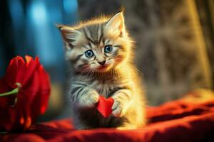 ai gegenereerd aanhankelijk pot schattig katje met een hart verspreiden warmte en vreugde ai gegenereerd foto