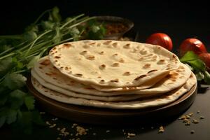 ai gegenereerd geheel tarwe flatbread Indisch traditioneel chapati, de foelie lucht gevulde roti foto