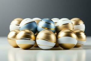 ai gegenereerd Pasen vreugde wit, blauw, en goud eieren in een minimalistisch mockup foto