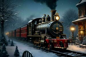 ai gegenereerd Kerstmis trein rollend door een winter wonderland ai gegenereerd foto