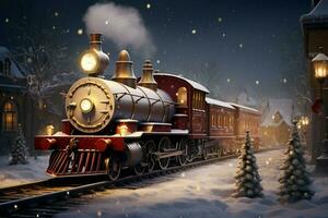 ai gegenereerd Kerstmis trein rollend door een winter wonderland ai gegenereerd foto