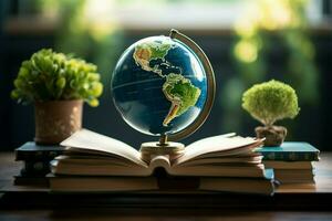 ai gegenereerd kennis wereldwijd aarde wereldbol gekoppeld met een stack van boeken ai gegenereerd foto