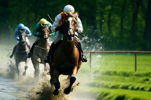 ai gegenereerd racing elegantie paarden in pas presentatie van de intensiteit van een competitief ras ai gegenereerd foto