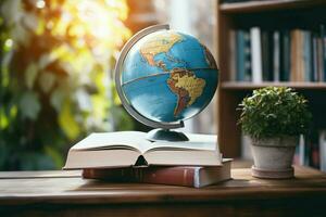 ai gegenereerd leerzaam exploratie aarde wereldbol omringd door een verzameling van boeken ai gegenereerd foto
