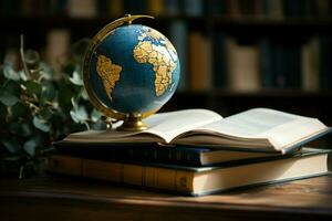 ai gegenereerd kennis wereldwijd aarde wereldbol gekoppeld met een stack van boeken ai gegenereerd foto