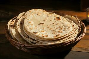 ai gegenereerd chapati Aan houten achtergrond, vertegenwoordigen authentiek Indisch traditioneel keuken foto