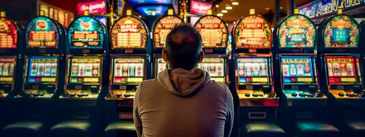 ai gegenereerd atmosfeer van een casino, met een persoon zittend in voorkant van een rij van kleurrijk sleuf machines, verdiept in de spel, de helder lichten reflecterend de opwinding van het gokken foto