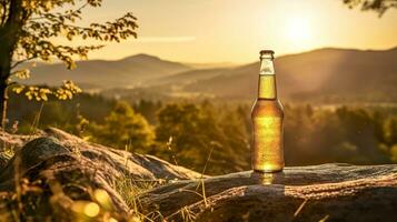 ai gegenereerd een fles van bier geplaatst Aan een rots met een toneel- natuur backdrop gedurende zonsondergang, mockup banier foto