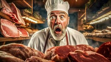 ai gegenereerd geschokt chef in slager winkel met breed ogen, omringd door vers vlees bezuinigingen foto