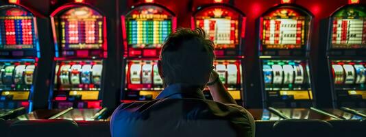 ai gegenereerd persoon van achter op zoek Bij helder sleuf machine schermen in een casino, sleuf machine verslaving, banier foto