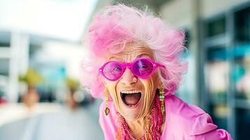 ai gegenereerd uitbundig ouderen vrouw in roze, haar gelach en stijl tarten leeftijd met flair foto