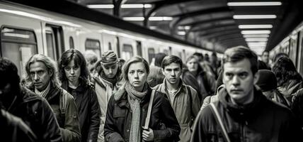 ai gegenereerd mensen in de metro in de stormloop uur, een zwart en wit banier foto