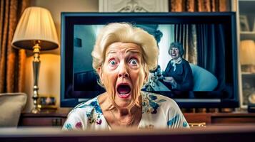 ai gegenereerd ouderen vrouw met een verbaasd uitdrukking in voorkant van een televisie, verrassend nieuws Aan de TV foto