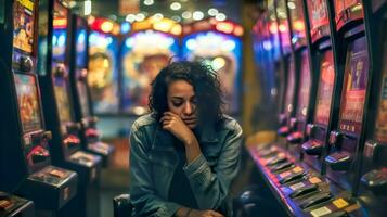 ai gegenereerd persoon gezeten in voorkant van een rij van kleurrijk sleuf machines, verschijnen contemplatief en mogelijk ontmoedigd, temidden van de levendig lichten van een casino foto