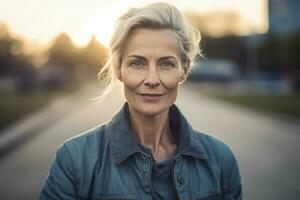 ai gegenereerd portret fotografie senior vrouw Aan stedelijk straat. genereren ai foto