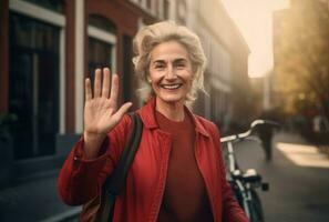 ai gegenereerd glimlachen oud vrouw in rood jasje shows Hallo buitenshuis. genereren ai foto