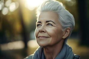 ai gegenereerd grijs haren senior vrouw park portret. genereren ai foto