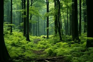 ai gegenereerd majestueus bomen, klein struiken, en varens in een weelderig groen Woud foto