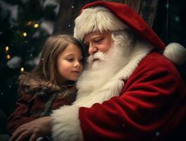ai gegenereerd gelukkig kind ontmoeten de kerstman claus Aan Kerstmis foto